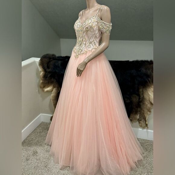 Gorgeous Blush Pink Princess Style Embellished Off-shoulder Tulle Ballgown - Picture 9 of 17